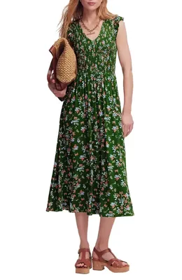 Boden Boden Smocked Jersey Midi Dress in Courtyard, Bloom Scatter in Courtyard/ Bloom Scatter — Women Autumn green Dresses