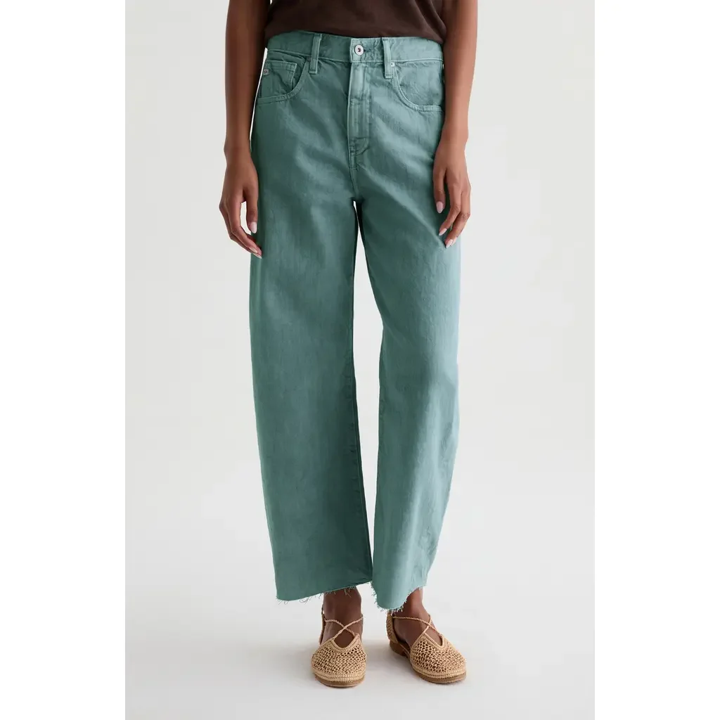 AG AG Hattie Raw Hem High Waist Crop Barrel Jeans in Sunwashed Sulfur Jade — Women Summer green Pants