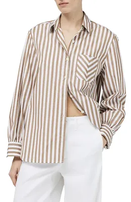 rag & bone rag & bone Maxine Stripe Cotton Button-Up Shirt in Brown Stripe — Women Autumn tan Tops