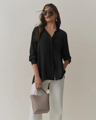 Cuyana Tencel Oversized Shirt in black — Winter black Tops