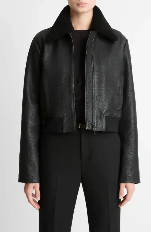 Vince Vince Shrunken Leather Jacket with Genuine Shearling Collar in Black — Women Winter black Outerwear