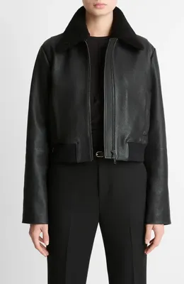 Vince Vince Shrunken Leather Jacket with Genuine Shearling Collar in Black — Women Winter black Outerwear