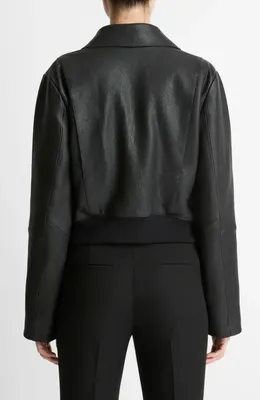 Vince Vince Shrunken Leather Jacket with Genuine Shearling Collar in Black — Women Winter black Outerwear