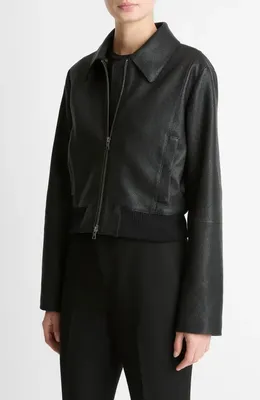 Vince Vince Shrunken Leather Jacket with Genuine Shearling Collar in Black — Women Winter black Outerwear