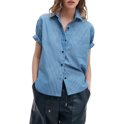 rag & bone rag & bone Connie Stripe Short Sleeve Poplin Button-Up Shirt in Blue Stripe — Women Summer blue Tops