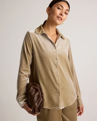 Quince Quince | Women's Stretch Silk Velvet Long Sleeve Shirt in Dogwood — Women Autumn beige Blouses