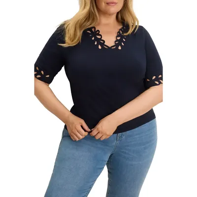 NIC+ZOE NIC+ZOE Rococo Edge Knit Shirt in Dark Indigo — Women Summer navy Tops