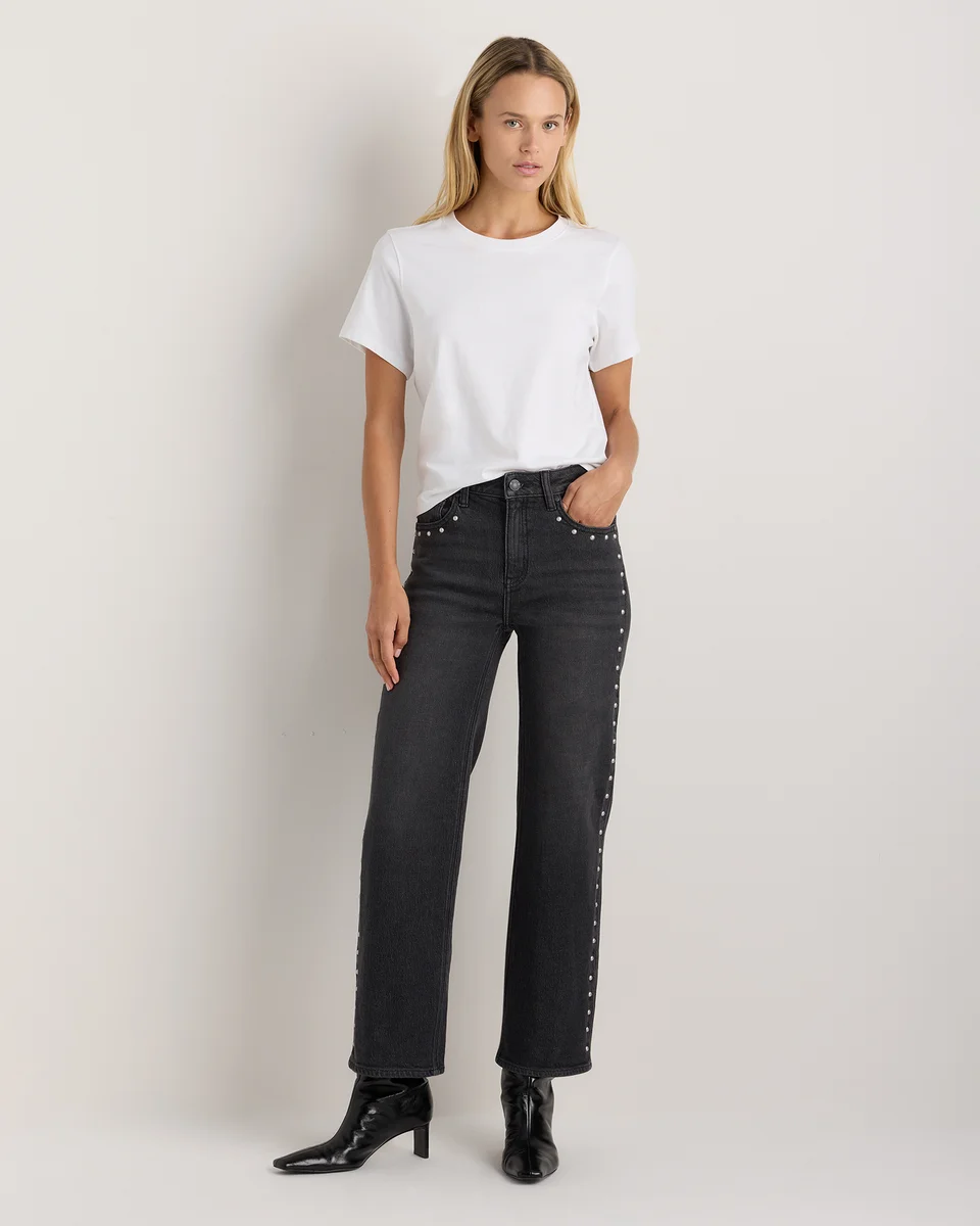 Quince Quince | Women's Bella Stretch Studded Relaxed Straight Jeans in Charcoal Black — Women Winter black Jeans & Denim