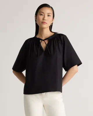 Quince Quince | Women's Poplin Split Neck Top in Black — Women Winter black Blouses
