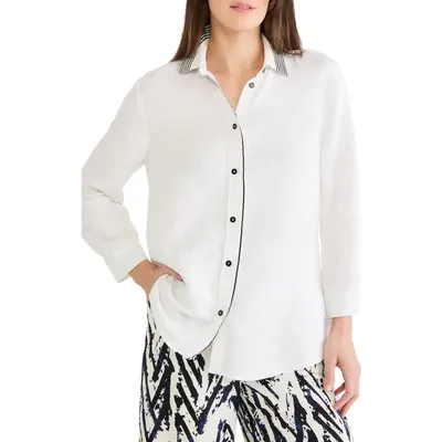 NIC+ZOE NIC+ZOE Stripe Trim Linen Blend Button-Up Shirt in Paper White — Women Winter white Tops