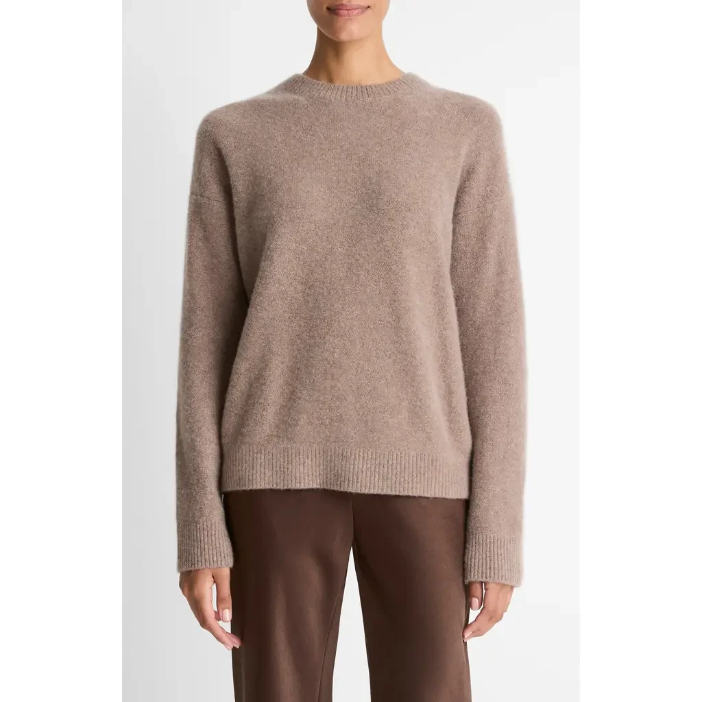 Vince Vince Boiled Cashmere Crewneck Sweater in Heather Doe — Women Autumn tan Tops