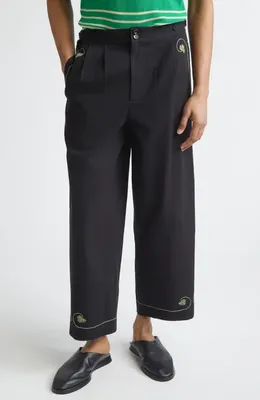 Bode Bode Lucky Draw Embroidered Cotton Twill Wide Leg Ankle Pants in Black — Men Winter black Pants