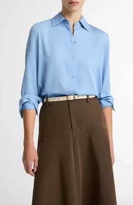Vince Vince Stretch Silk Button-Up Shirt in Hydra — Women Summer silver Tops