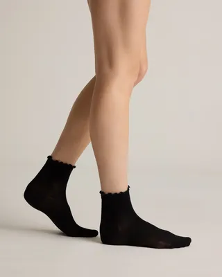 Quince Quince | Women's Everyday Lightweight Cotton Ruffle Quarter Crew Sock in Black/Cream — Women Winter black Underwear & Loungewear