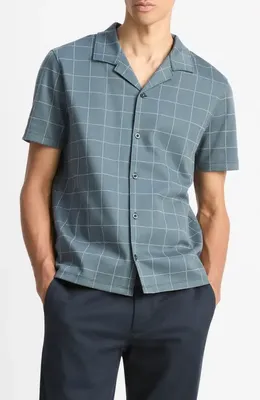 Vince Vince Windowpane Check Cotton Blend Camp Shirt in Dark Harbor Blue/Off White — Men Summer blue Tops