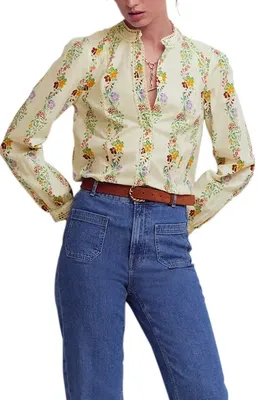 Boden Boden Rhea Lace Trim Woven Shirt in Ivory Floral Placement — Women Spring white Button-Down Shirts