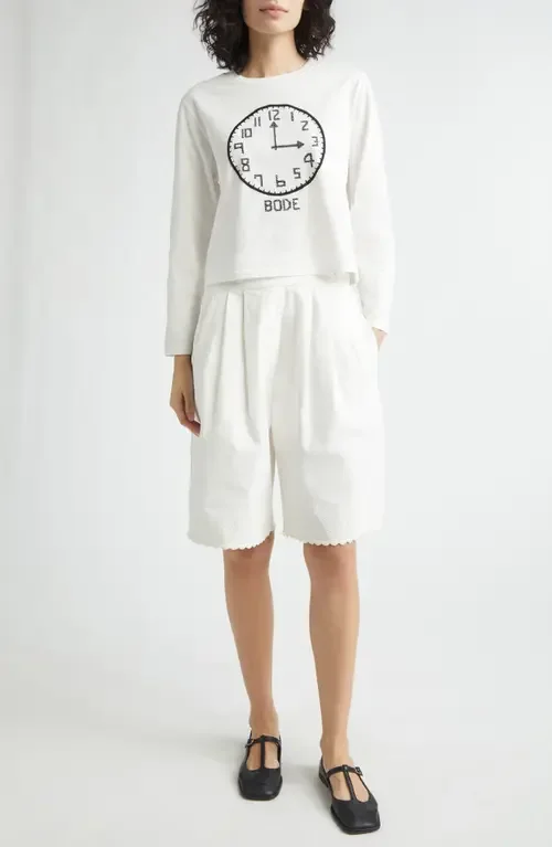 Bode Bode Closerie Embroidered Pleated Cotton Shorts in Ecru — Women Winter white Shorts