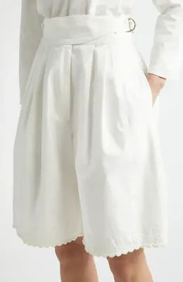 Bode Bode Closerie Embroidered Pleated Cotton Shorts in Ecru — Women Winter white Shorts