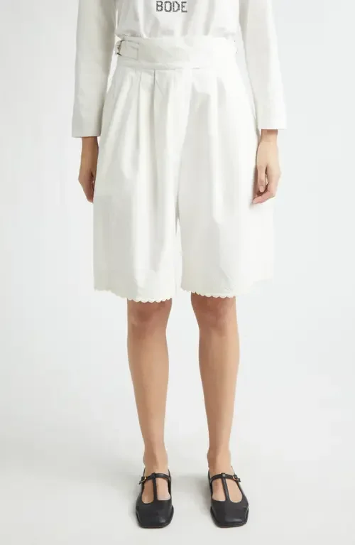 Bode Bode Closerie Embroidered Pleated Cotton Shorts in Ecru — Women Winter white Shorts
