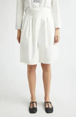Bode Bode Closerie Embroidered Pleated Cotton Shorts in Ecru — Women Winter white Shorts