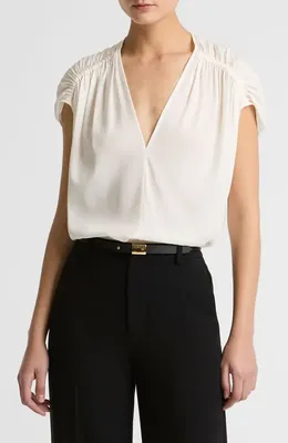 Vince Vince Gathered Cap Sleeve Stretch Silk Top in Off White — Women Winter white Tops