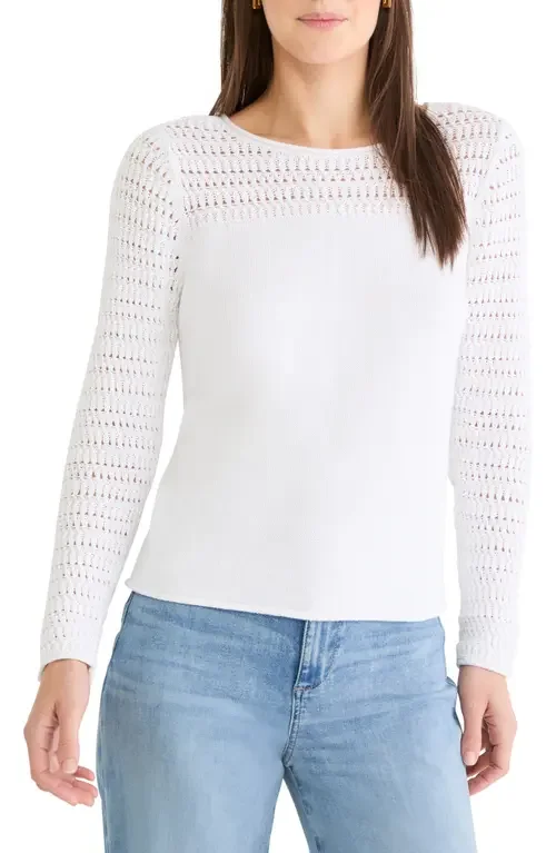 NIC+ZOE NIC+ZOE Placed Pointelle Cotton Blend Sweater in Paper White — Women Spring white Tops
