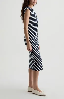 AG AG Aja Ruched Stripe T-Shirt Midi Dress in Pacific Navy/powder — Women Summer navy Dresses