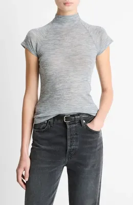 Vince Vince Wool Raglan Cap-Sleeve Mock-Neck Top in Heather Thistle — Women Winter grey Sweaters & Knits