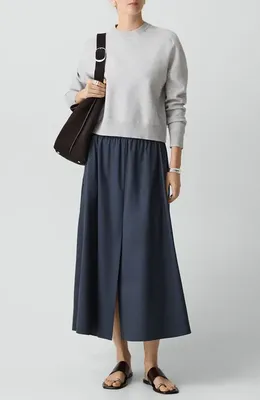 Theory Theory Cotton Blend A-Line Midi Skirt in Faded Navy — Women Winter navy Midi Skirts