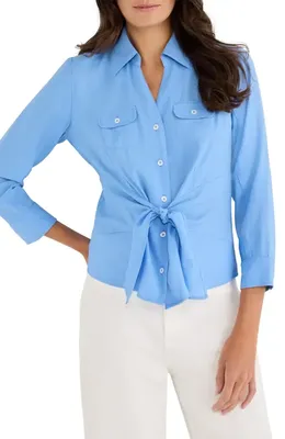 NIC+ZOE NIC+ZOE Iconic Tie Front Button-Up Shirt in French Blue — Women Summer silver Tops