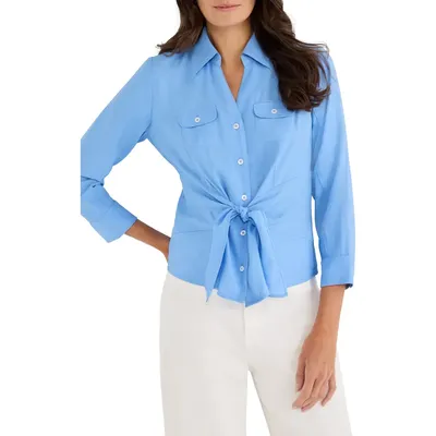 NIC+ZOE NIC+ZOE Iconic Tie Front Button-Up Shirt in French Blue — Women Summer silver Tops