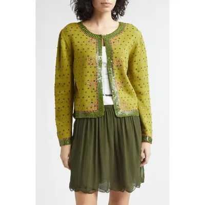 Bode Bode Fairyfloss Beaded Wool & Cashmere Cardigan in Green — Women Autumn khaki Tops