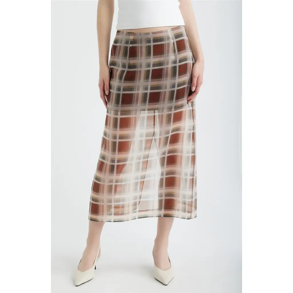 FRAME FRAME The Plaid Silk Organza Midi Skirt in Silver Peony Multi — Women Autumn burgundy Skirts