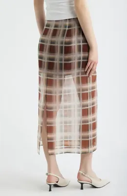 FRAME FRAME The Plaid Silk Organza Midi Skirt in Silver Peony Multi — Women Autumn burgundy Skirts