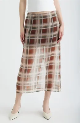 FRAME FRAME The Plaid Silk Organza Midi Skirt in Silver Peony Multi — Women Autumn burgundy Skirts