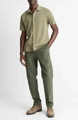 Vince Vince Short Sleeve Jacquard Cotton Knit Button-Up Shirt in Sage/Sycamore — Men Autumn khaki Button-Down Shirts