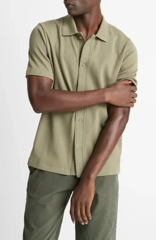 Vince Vince Short Sleeve Jacquard Cotton Knit Button-Up Shirt in Sage/Sycamore — Men Autumn khaki Button-Down Shirts