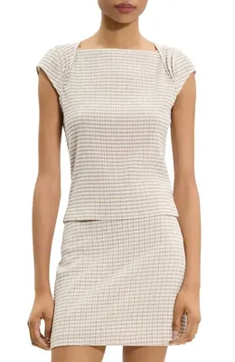 Theory Theory Gingham Crinkle Cap Sleeve Top in Taupe Multi — Women Autumn tan Tops