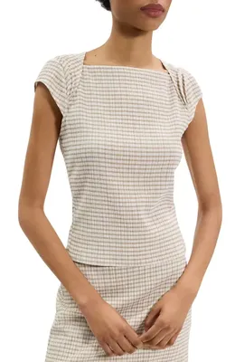 Theory Theory Gingham Crinkle Cap Sleeve Top in Taupe Multi — Women Autumn tan Tops