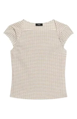 Theory Theory Gingham Crinkle Cap Sleeve Top in Taupe Multi — Women Autumn tan Tops