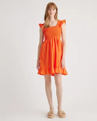 Quince Quince | Women's Smocked Mini Dress in Vermilion Red — Women Spring coral Mini Dresses