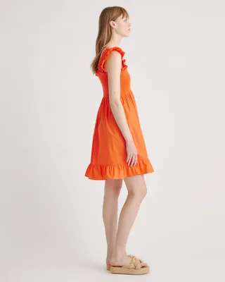 Quince Quince | Women's Smocked Mini Dress in Vermilion Red — Women Spring coral Mini Dresses