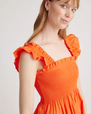 Quince Quince | Women's Smocked Mini Dress in Vermilion Red — Women Spring coral Mini Dresses