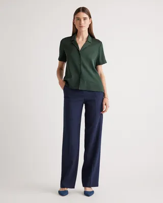 Quince Quince | Women's Washable Stretch Silk Short Sleeve Notch Collar Blouse in Forest Green — Women Autumn black Blouses