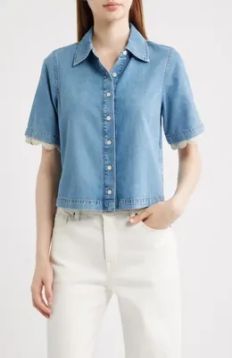 FRAME FRAME Denim Crochet Trim Button-Up Top in Lacewing — Women Summer silver Tops