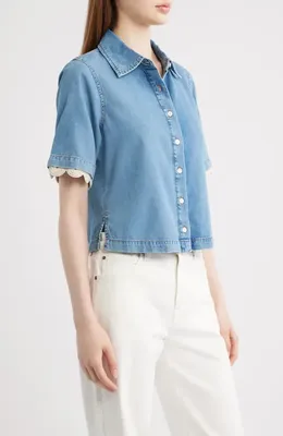 FRAME FRAME Denim Crochet Trim Button-Up Top in Lacewing — Women Summer silver Tops