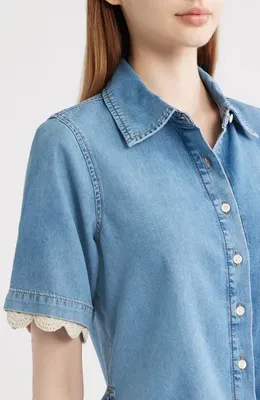FRAME FRAME Denim Crochet Trim Button-Up Top in Lacewing — Women Summer silver Tops