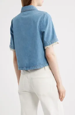 FRAME FRAME Denim Crochet Trim Button-Up Top in Lacewing — Women Summer silver Tops