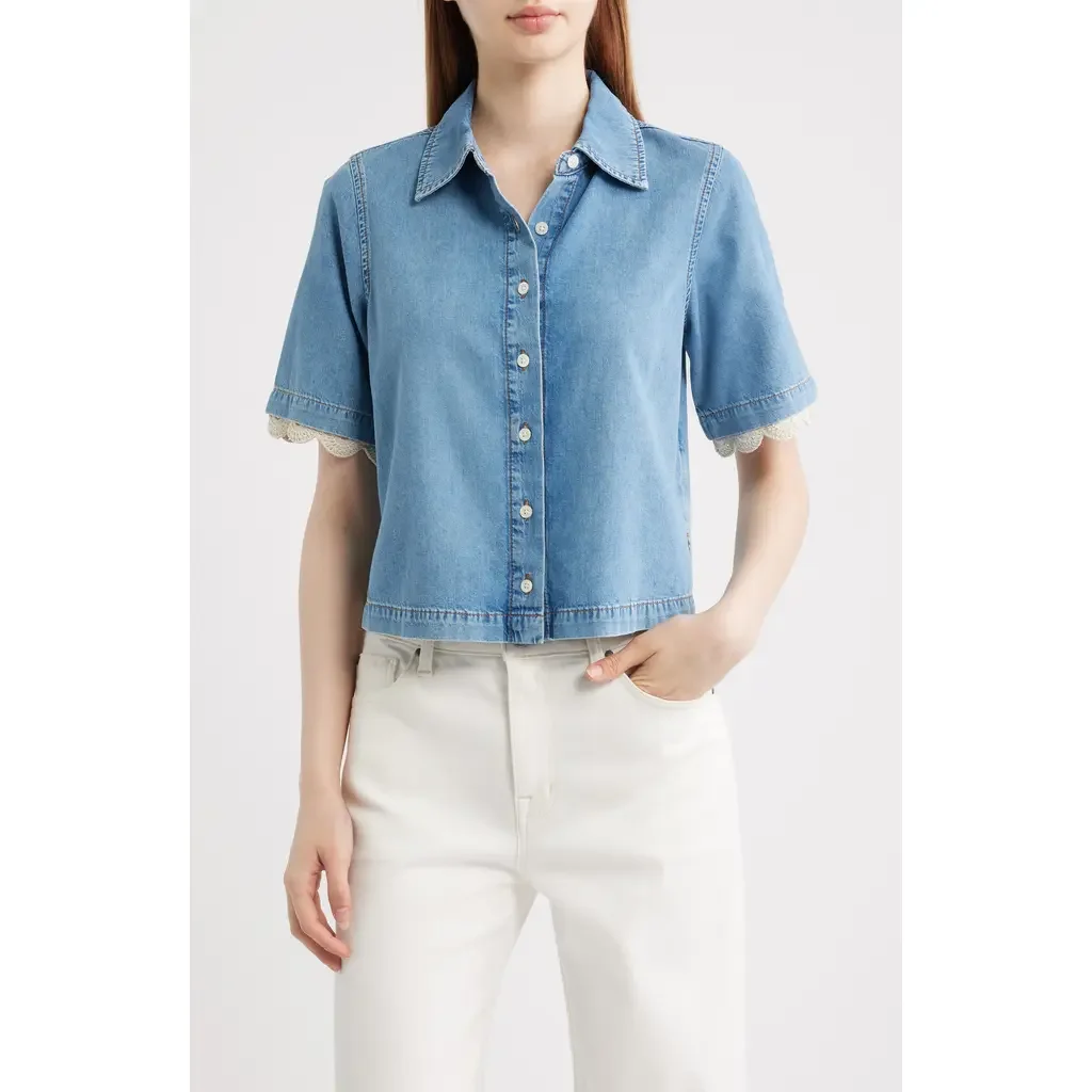 FRAME FRAME Denim Crochet Trim Button-Up Top in Lacewing — Women Summer silver Tops