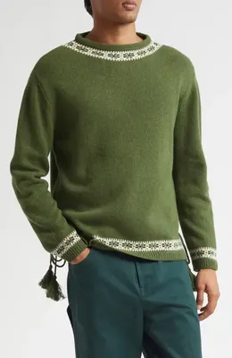 Bode Bode Moritz Tassel Trim Virgin Wool Sweater in Green Multi — Men Autumn green Tops